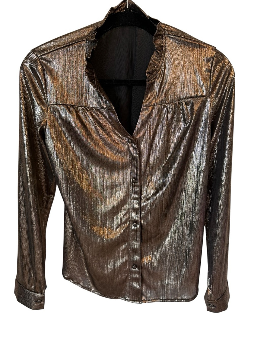 Bronze Metallic Ruffle Neck Top Small - Picture 2 of 6